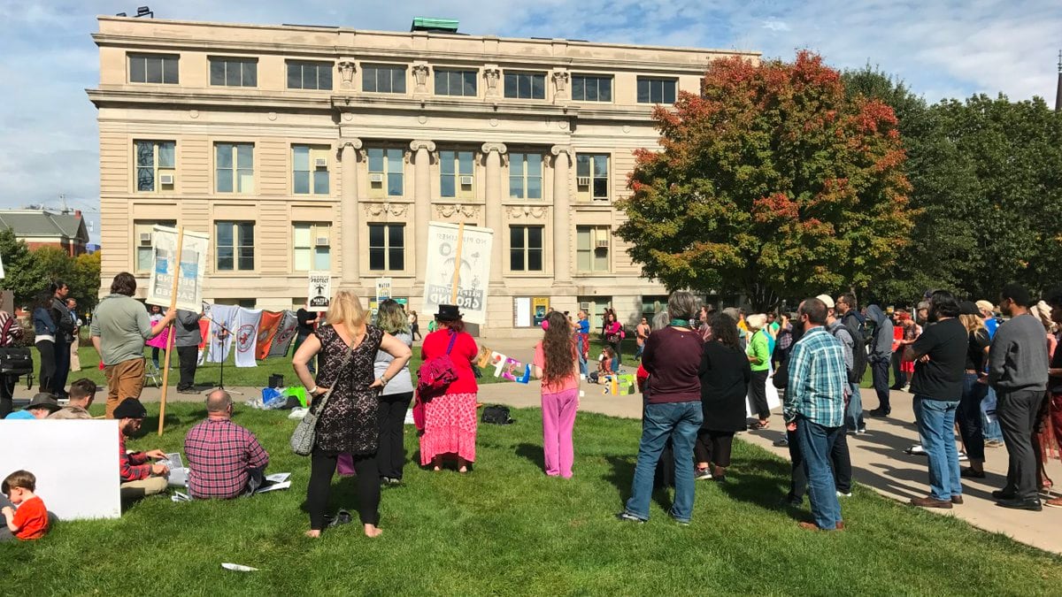 University of Iowa Native American Students Assoc. members protest on the pentacrest on the UI...