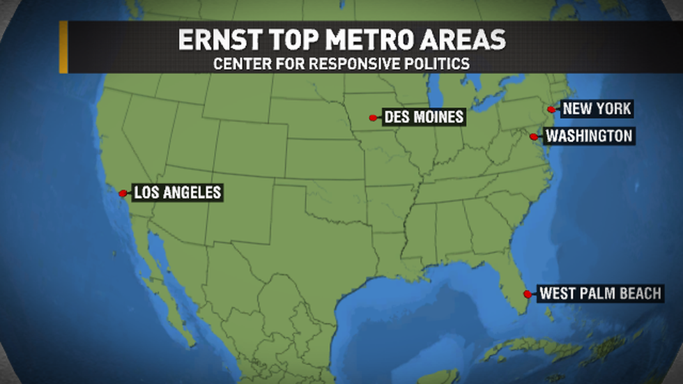 These are the top five locations where Sen. Ernst has received contributions from, according to the Center for Responsive Politics.