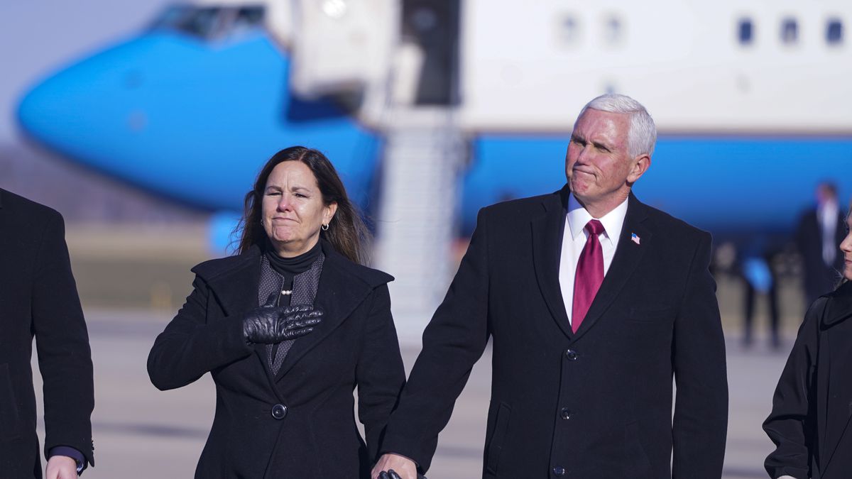 FILE - In this Jan. 20, 2021, file photo, former Vice President Mike Pence and his wife Karen...