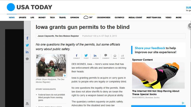 An example of an article on the internet talking about Iowa allowing the blind to get gun...