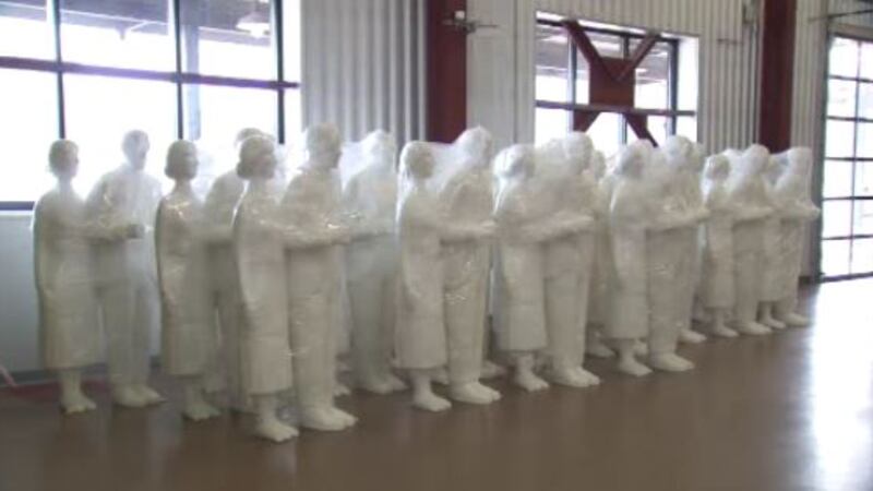 Statues for the "Overalls All Over" event at the NewBo City Market in Cedar Rapids...