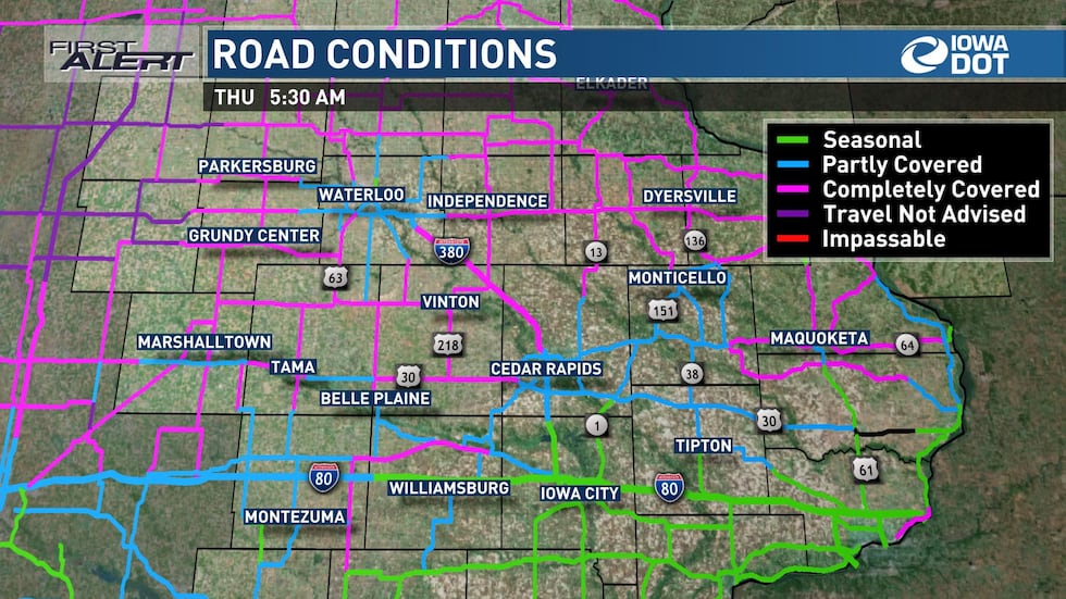 Road conditions in eastern Iowa on Thursday morning, January 19.