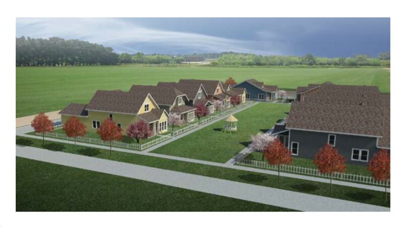 This rendering of a pocket neighborhood shows how about 12 homes all center around a community...
