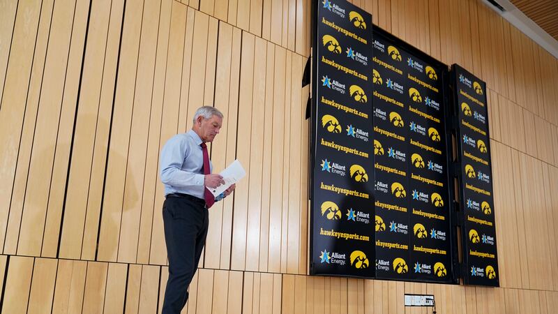 Iowa head coach Kirk Ferentz waits to speak at a news conference, Tuesday, Oct. 31, 2023, in...