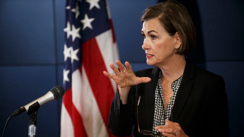 Iowa Governor Kim Reynolds speaks during her daily COVID-19 press conference at the Emergency...