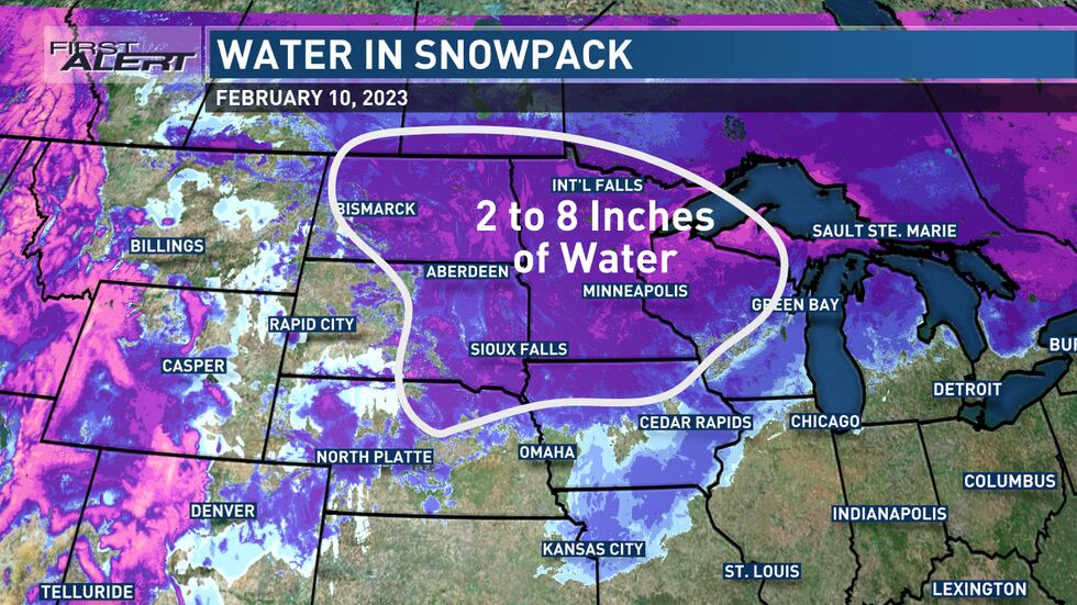 A map showing the amount of water contained within the snowpack as of Friday, Feb. 10, 2023....