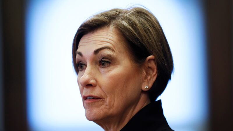 Iowa Gov. Kim Reynolds speaks during a news conference about an update on the state's response...