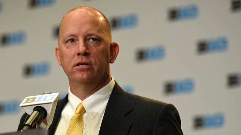 Purdue NCAA college football head coach Jeff Brohm speaks at Big Ten Media Day in Chicago,...