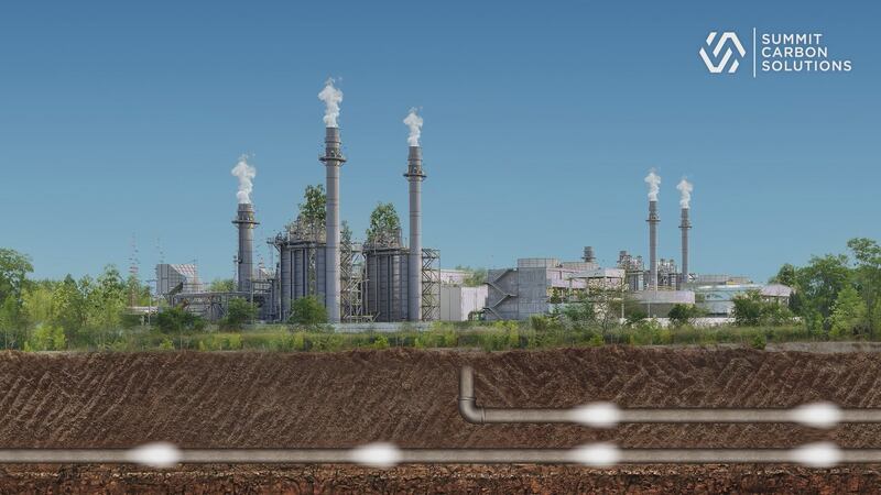 In a photo provided by Summit Carbon Solutions, an illustration of a carbon capture pipeline...