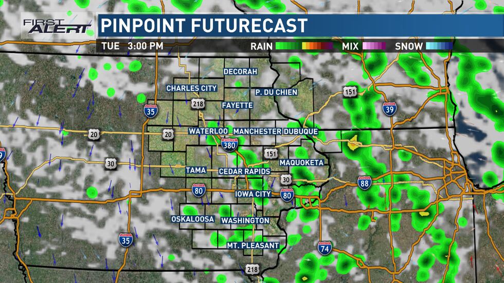 A few hit and miss showers are possible Tuesday afternoon and evening.