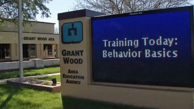 A digital sign outside of the Grant Wood Area Education Agency's office (Jordee Kalk/KCRG)