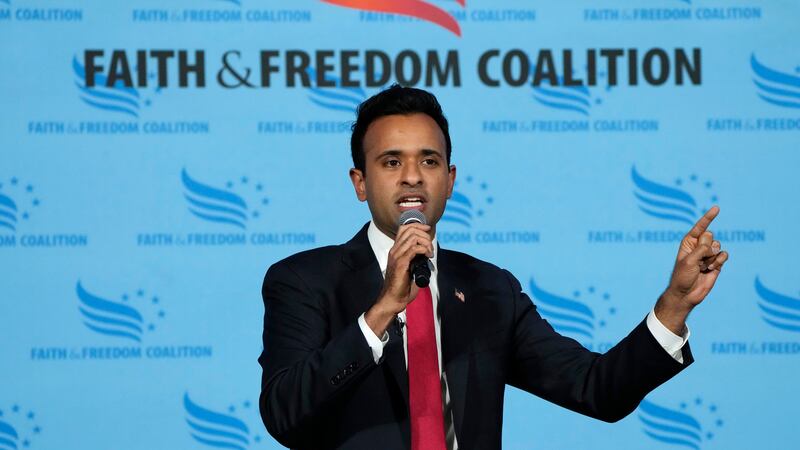 Republican presidential candidate Vivek Ramaswamy speaks during the Iowa Faith and Freedom...