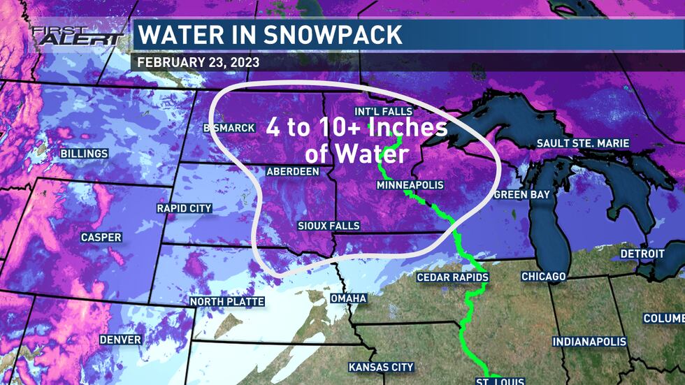 A map showing the amount of water contained within the snowpack as of Friday, Feb. 23, 2023....