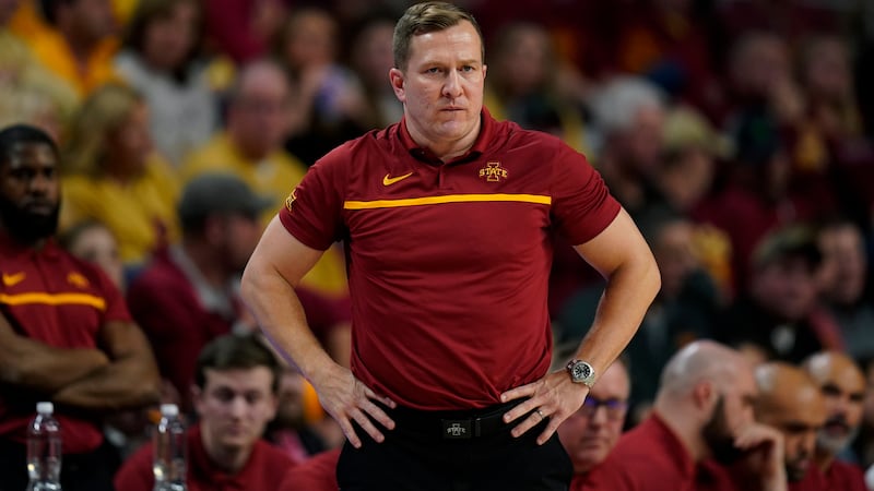 Iowa State head coach T.J. Otzelberger watches from the bench during the first half of an NCAA...